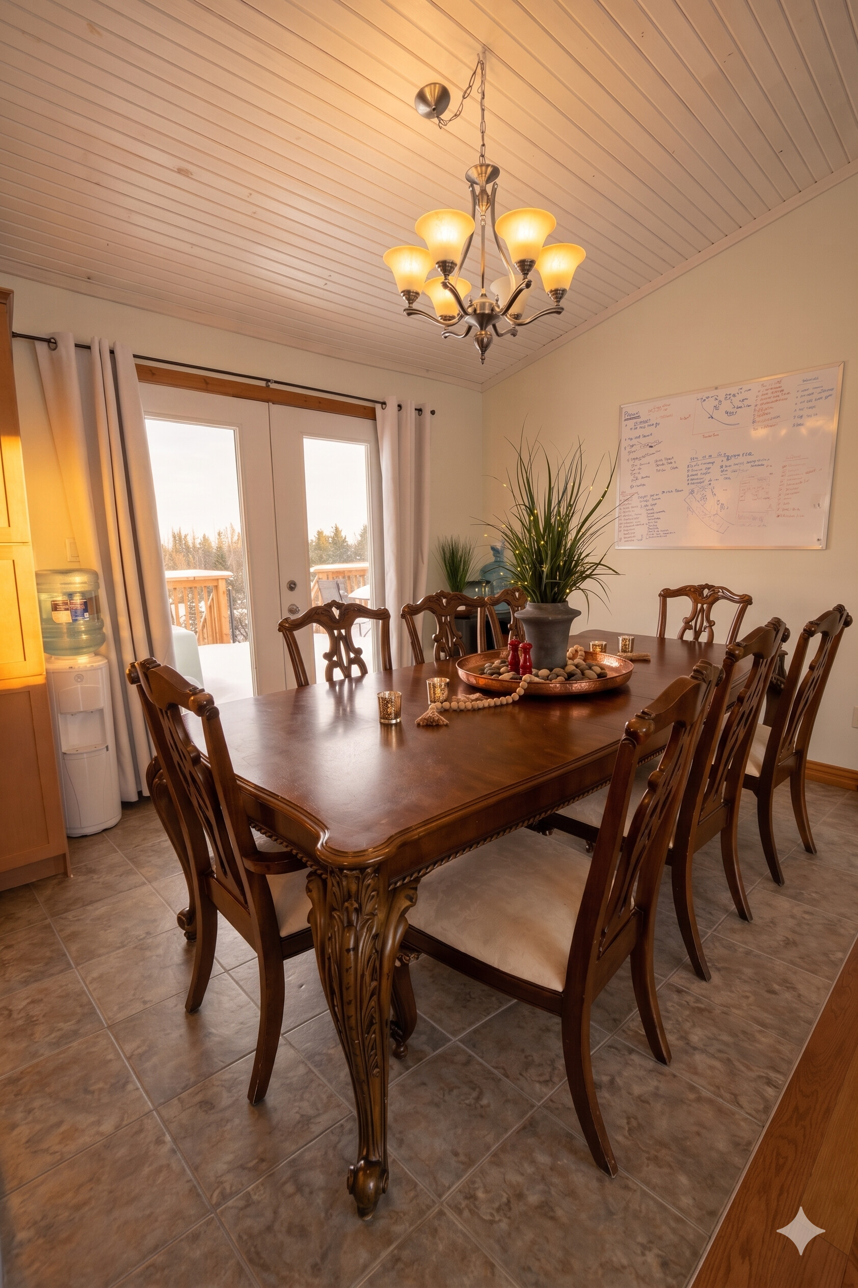 Dining room with snowy view